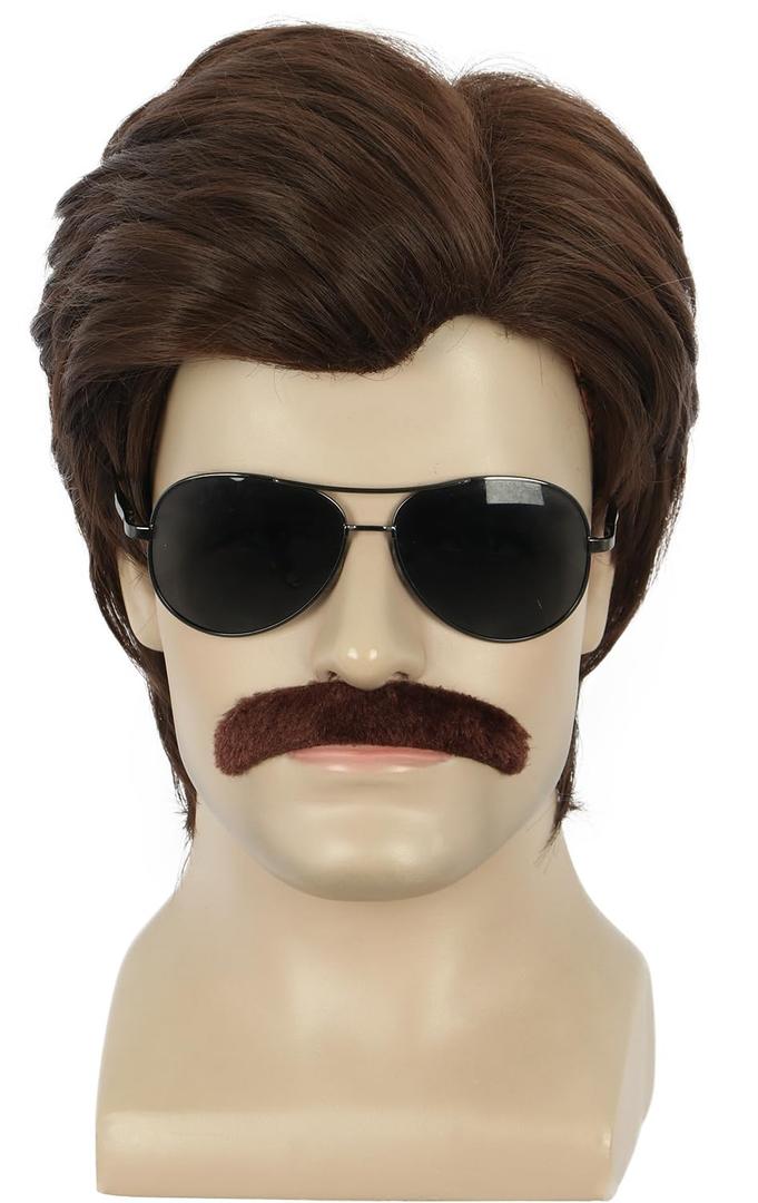 yuehong Short Adult Mens Brown Wig 70s 80s Male Wig Cosplay Costume Hair with Brown Mustache