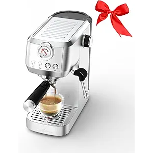 MAttinata CM1663 Espresso Machine, 20 Bar Compact Coffee Maker with Milk Frother Steam Wand for Cappuccino, Latte, Professional Pressure Gauge & 49oz Removable Water Tank for Home，Stainless Steel