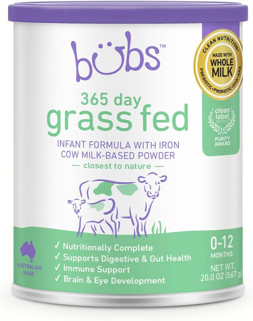 2 x Bubs 365 Day Grass Fed Infant Formula with Iron, Cow Milk-Based Powder for Infants 0-12 Months, Made with Non-GMO Milk, 20 oz (EXP 03/08/28)