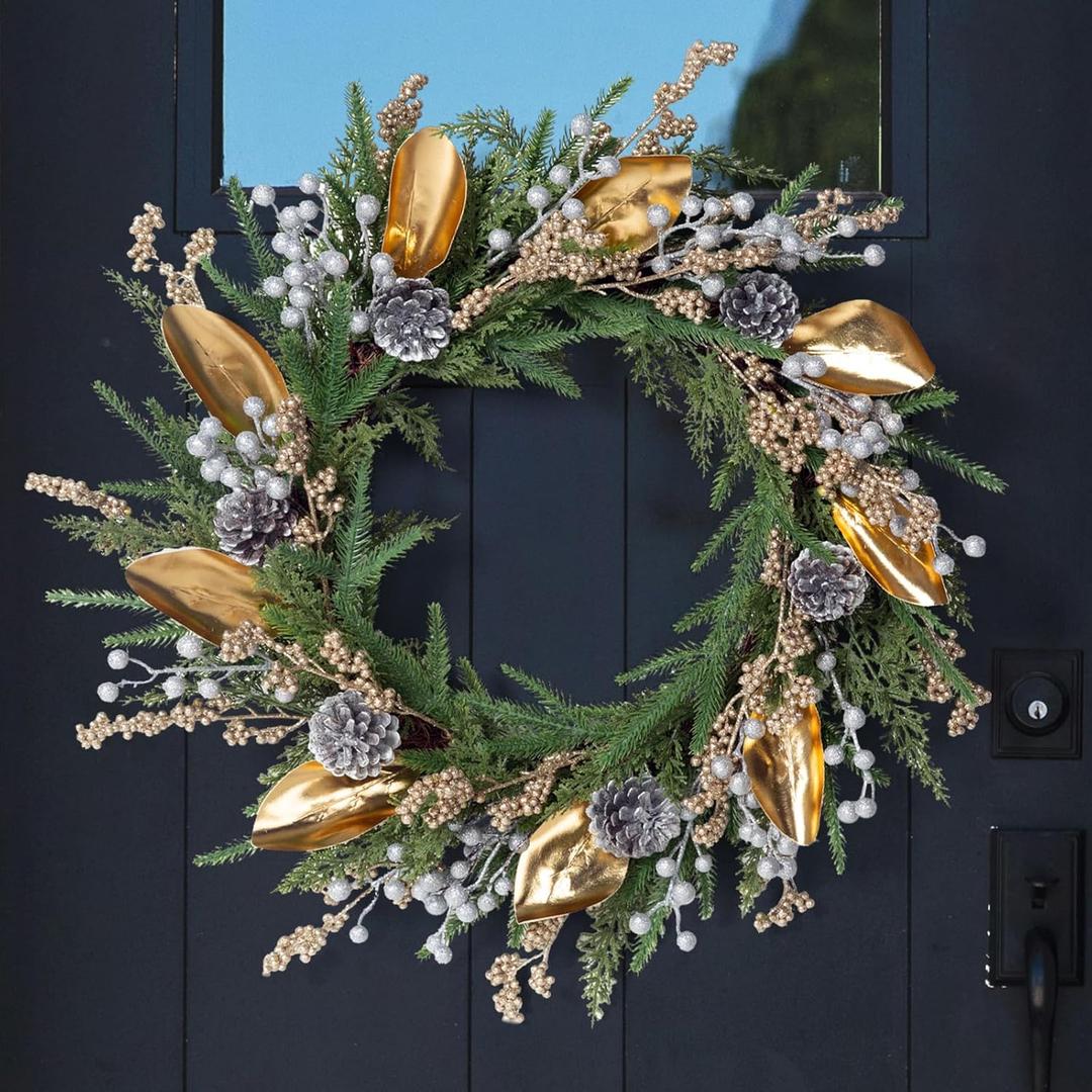 26 Inch Christmas Wreath for Front Door, Artificial Gold Wreath with Metallic Leaf & Glittered Berries, Norfolk Pine & Pinecones, for Indoor Outdoor Wall Windows Modern Home Holiday Decor