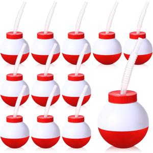 FillTouch 12 Set Fishing Bobbers Cups with Straws and Lids 10 oz Fun Fishing Birthday Party Decorations Red and White Plastic Cups for Kids Fishermen Pool Party Decorations