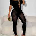 WEICHUJIAN Women Sexy See through Hollow Mesh Leopard Print Rhinestone Club Short Sleeve Bodycon Jumpsuit (Black, XL)