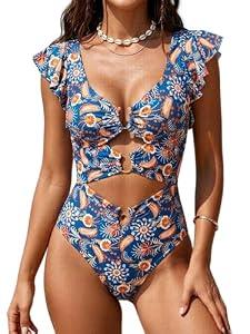 B2prity Women One Piece Swimsuit Tummy Control Ruffle Sleeve V Neck Bathing Suit Cutout Sexy High Waisted Monokini, 2XL
