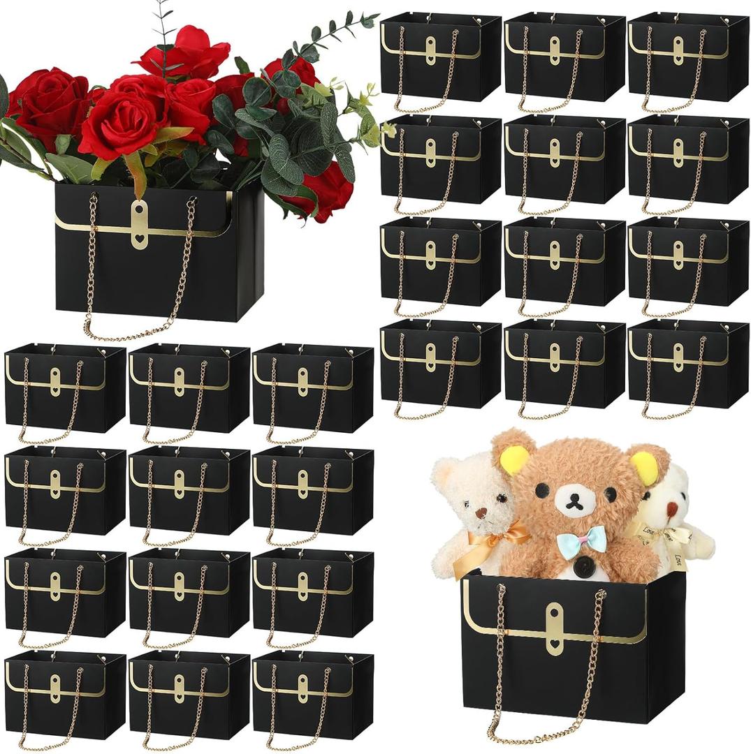 Lincia 24 Pcs Paper Flower Bags for Bouquets Wedding Flower Bouquets Boxes with Handle Chain Bags Rectangle Wrap Boxes for Women Mother's Day Wedding Lover Gift Decoration(Black)