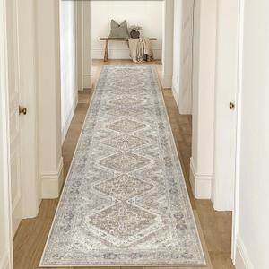 KUTA Ivory Grey Washable Runner Rug 2.6x16, Non-Slip 16ft Extra Long Hallway Kitchen Rugs, Soft Printed Distressed Oriental Medallion 16ft Stair Runners Indoor for Bedroom Entryway (2'7" x 16' (Runner))