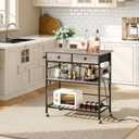 HOOBRO Kitchen Island with Storage, Rolling Island Cart for Kitchen with 2 Drawers & Outlet, 3 Tier Coffee Station and Microwave Stand, Kitchen Island Table for Home, Greige BG08UZD01, 18.9"L x 35.4"W x 37.8"H