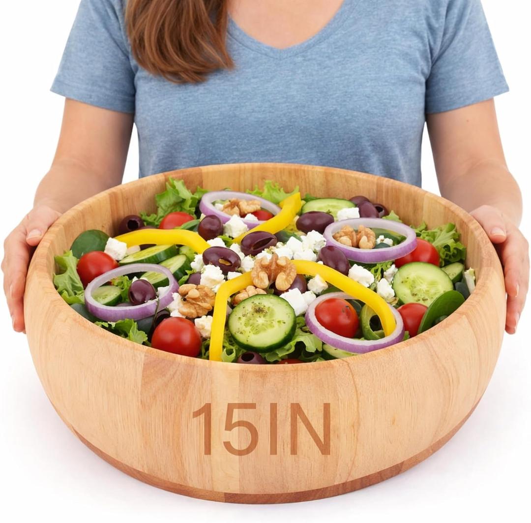 15 x 5 Inch Exra Large Wood Salad Bowl Wide Large Wood Bowl for Mixing Salad Cut Fruits Pasta Snacks Food Dishes Restaurant Kitchen Countertop Decorative Handcrafted Home Wedding Party
