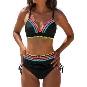 popvil High Waisted Bikini Sets for Women Tummy Control Swimsuits Two Piece Neon V Neck Drawstring Bathing Suits 2026 (Black, L)