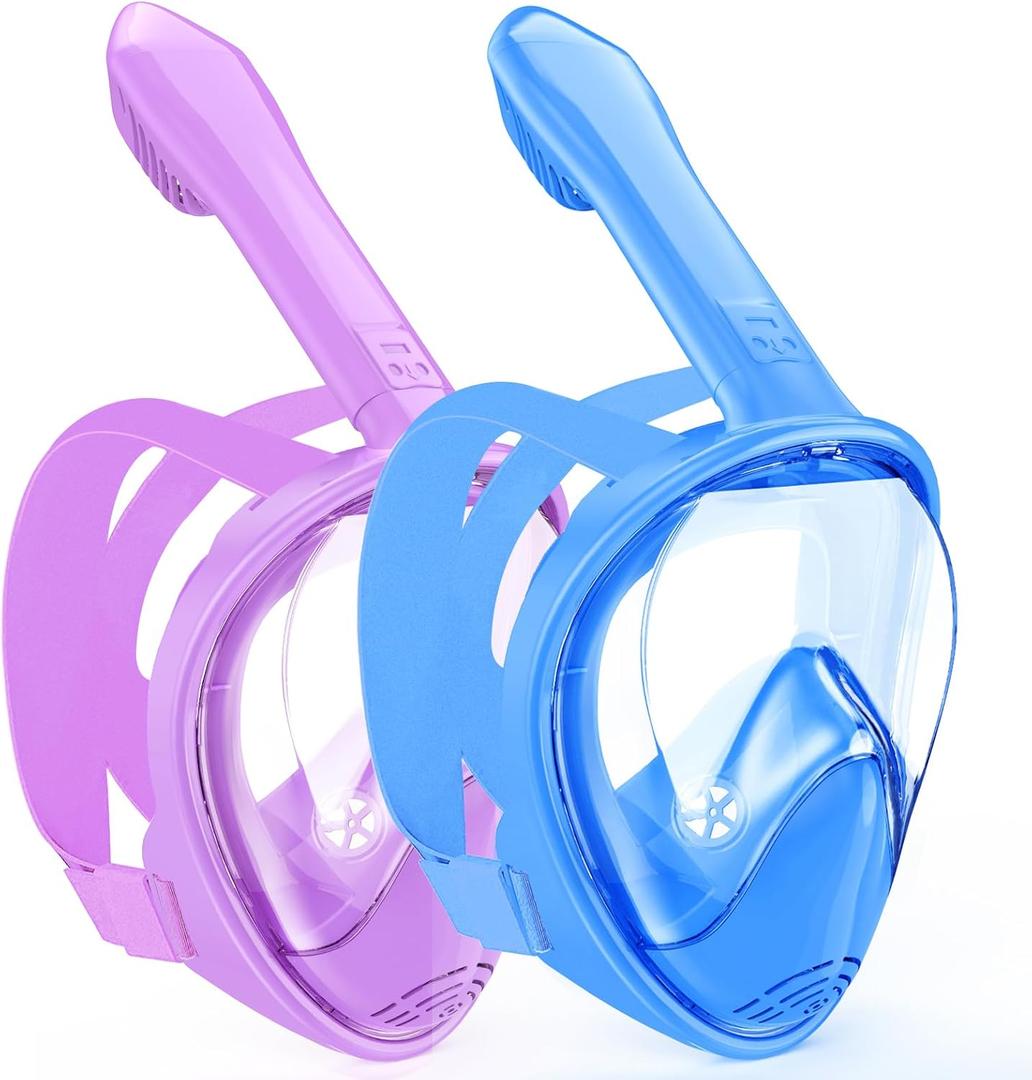 Kids Snorkel Mask Full Face, Snorkeling Gear for Kids 2-14 with Camera Mount, 180 Degree Panoramic View Snorkeling Set Anti-Fog Anti-Leak (Blue+Purple)