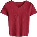 SweatyRocks Women's Basic Short Sleeve V Neck Ribbed Knit Crop Top Tee Shirt Size L