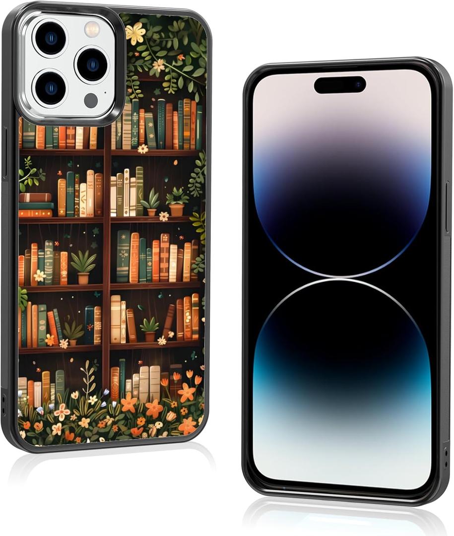 Aesthetic Floral Bookshelf Book Phone Case Compatible with iPhone 14 Pro Max Case 6.7 Inch, TPU Shockproof Protection Vintage Flowers Bookish Art Reading Book Lovers Gifts Phone Case for Girls Women