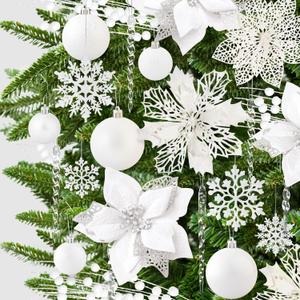 92pcs Set of Christmas Ball Ornaments, Crystal Hanging Snowflake Drop, Xmas Glitter Poinsettia Flowers, Artificial Stems for Christmas Tree Decoration Holiday Wedding Home Party Decor (White)