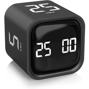 Rotating Pomodoro Timer 5, 25, 10 50 Minutes Preset, Desk Productivity Flip Timer, ADHD Tool Cube Countdown Stopwatch, Vibration/High/Low Volume/Custom Modes, for Work, Study, Back to School, Kitchen (Black)