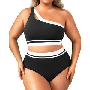 Aqua Eve Women Plus Size High Waisted Bikini One Shoulder Two Piece Swimsuit Color Block Bathing Suits  Size L