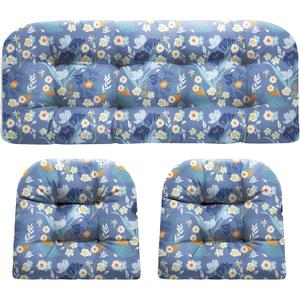 DANGHOOGY Wicker Chair Cushions, Waterproof Outdoor Loveseat Cushions for Patio Furniture, Tufted Wicker Furniture Cushions, 1 Loveseat and 2 U-Shaped Cushions (Blue Floral)