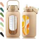 SIEROZUR 64 oz Glass Water Bottle with Straw and Handle Lid Half Gallon Motivational Glass Bottle with Silicone Sleeve and Time Marker Large Reusable Sports Water Jug for Gym Home Workout (74.4 Ounces, Amber)