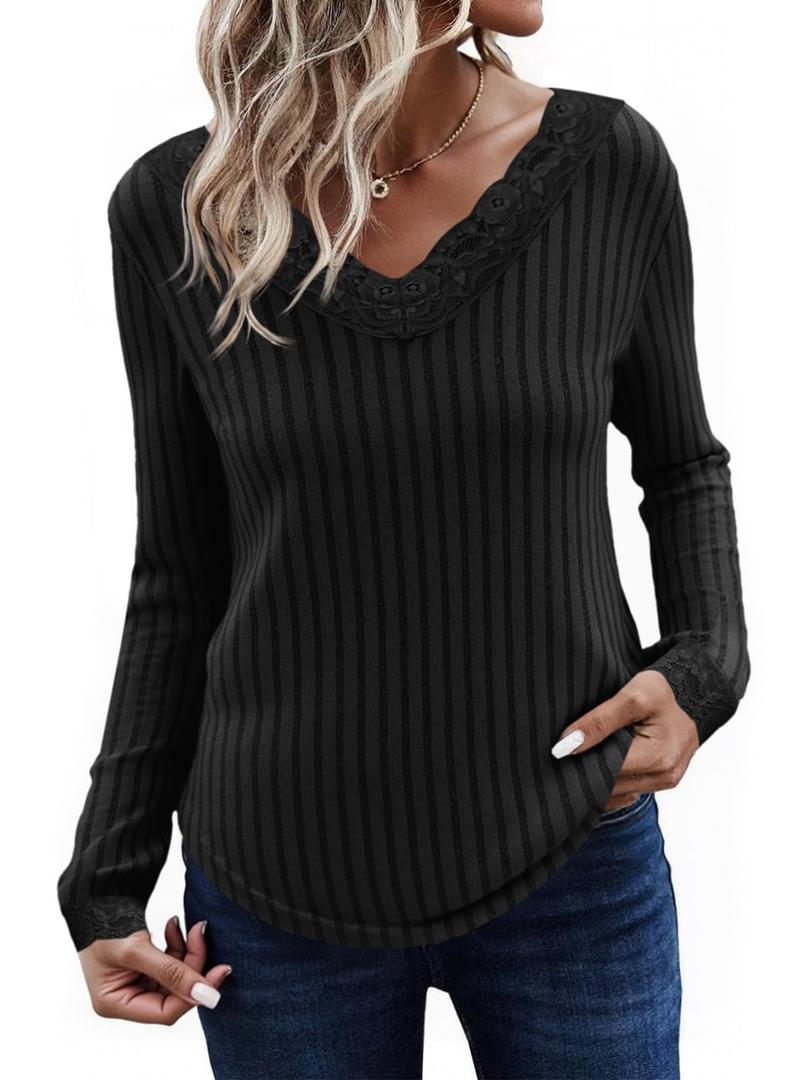 Tankaneo Womens Lace V Neck Tunic Tops Long Sleeve Ribbed Knit Shirts Fall Casual Basic Tees M