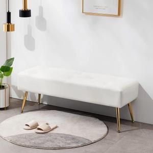 Furniliving Modern PU Leather Benches, Upholstered Tufted Leather Bedroom Ottoman 44" Ottoman Bench with X-Shaped Metal Legs for Makeup Room, Solid Bed Bench for Foyer, IvoryWhite (Large, Pu-wihte)