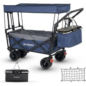 Collapsible Wagon with Removable Canopy, 3-in-1 Heavy Duty Garden Cart with Big All-Terrain Wheels, Brakes, Adjustable Push Pull Handle, Cooler Bag, 300LBS Wagon Cart for Camping (Blue)