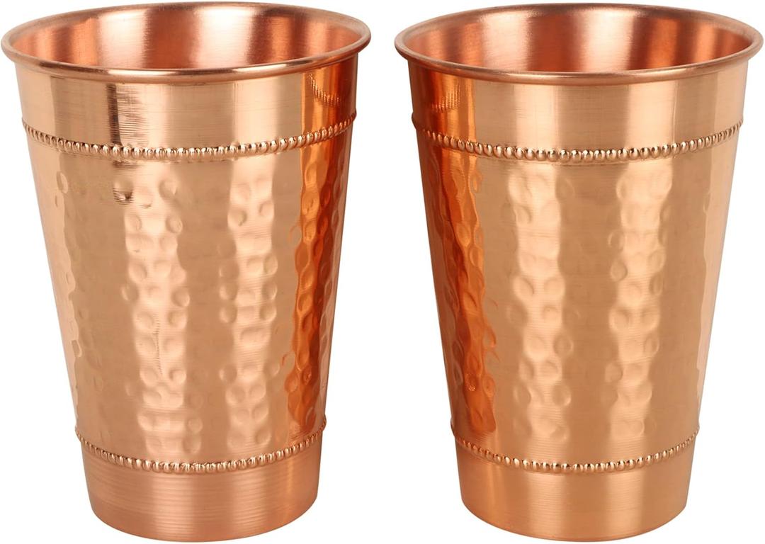 Hammered Pure Copper Water Drinking Glasses Set of 2 Large 13 Oz Drinking Cups Copper Ayurvedic Health Benefits Tumblers Beautiful Handcrafted Design Cup Best Gift