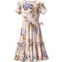 Girls Short Sleeves Floral Printed Dresses with Pocket and Elastic Waistband 130