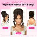 REECHO Messy Bun Hair Piece with Bangs 2-in-1 Drawstring Ponytail Extension Updo Wig & Hair Topper with Long Side Bangs, Natural-Looking Hair Bun Hairpieces for Women - Black