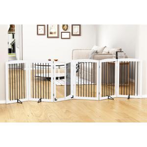 Freestanding Pet Gate with Door, Tall Dog Gate for House, Extra Wide, Pet Puppy Safety Fence, Support Feet Included, 120 Inch Wide, 6 Panels 32" Tall, White & Black