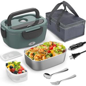 WisaKey Green Electric Lunch Box Food Heater 80W Heated LunchBox for Adults, 12V 24V 110V 220V Lunch Warmer Portable for Work Car Truck Jobsite Work with 304 Stainless Steel Container Christmas Gift