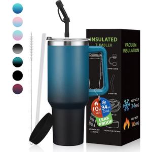 BENZZO 40 oz Tumbler with Handle and Straw Lid Travel Mugs Insulated for Hot and Cold Water Bottle Stainless Steel Coffee Cups (Indigo Black)