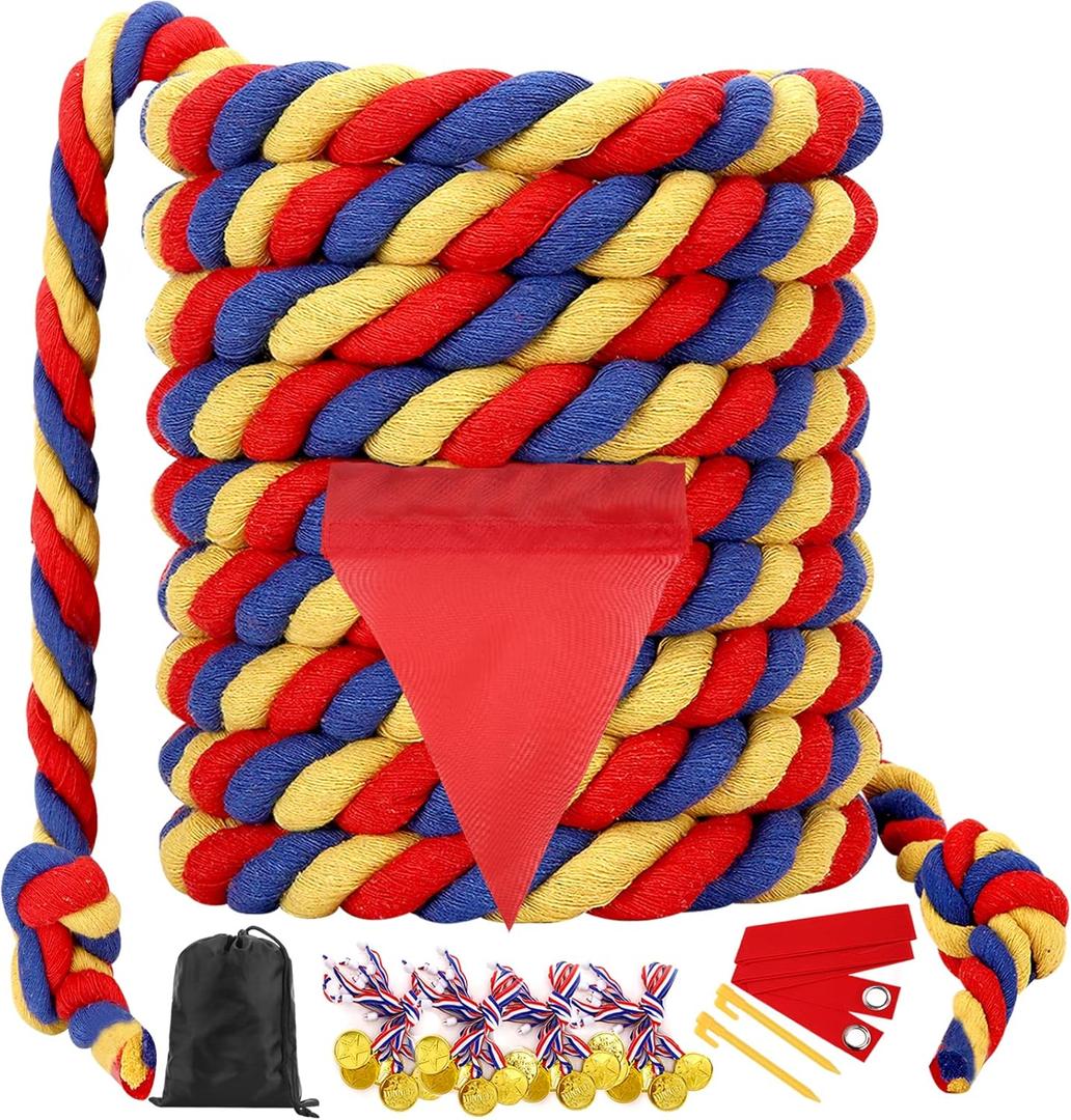 Tug of War Rope 60FT Outdoor Yard Games for Kids and Adults, Field Day Family Reunion Birthday Party Games,Carnival Game, Outside Backyard Lawn Yard Games Fun for Team Building Activities, Tricolor