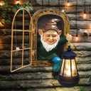 Gnomes Statue with Solar Lights Spring Decorations Whimsical Fairy Garden-10 Inch Elf Outdoor Tree Hugger Garden Statues- Tree Face Sculpture, Yard Art for Patio,Fence,Lawn,Wall Gnomes Ornament (Brown)