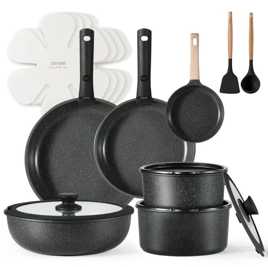 CAROTE 18-Piece Nonstick Cookware Set, Pots and Pans Set with Detachable Handle, Black