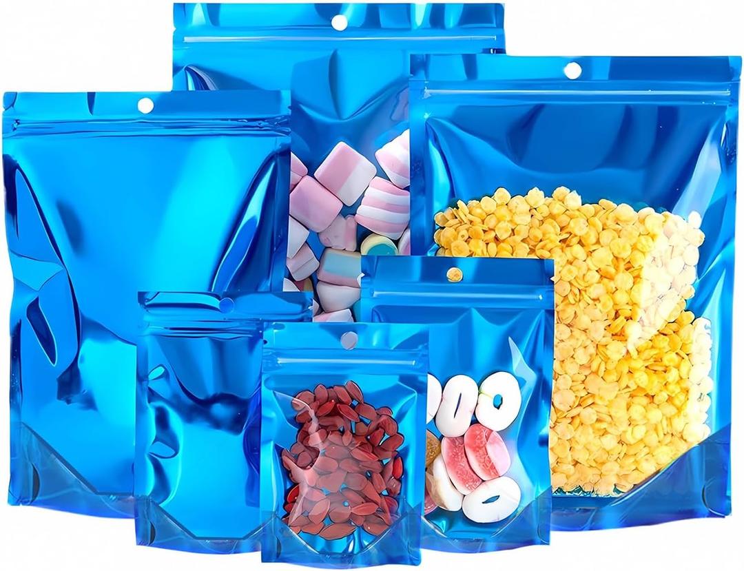 100 PCS Smell Proof Mylar Bags, Resealable Packaging Sealable Bags, Stand Up Aluminum Foil Pouch Bags with Clear Window for Food Storage, Jewelry,Cookie,Small Business Packaging(Blue 4.7x7.9inch)