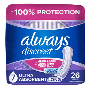 Always Discreet Adult Incontinence Pads for Women, Ultimate Extra Absorbency, Long Length, Postpartum Pads, 104 Count (4 Packs of 26)