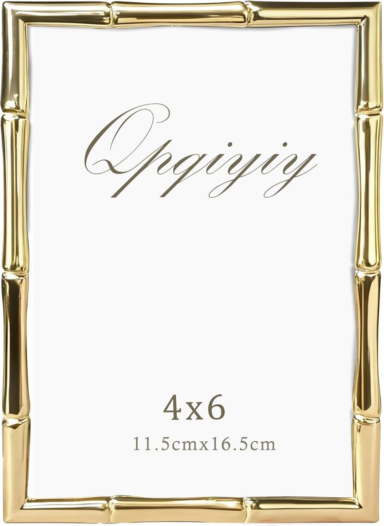 Metal Gold 4x6 Picture Frame with Bamboo Design Real Glass Picture Frames Wall Hanging or Tabletop, Vertical or Horizontal Display