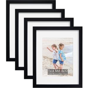11x14 Picture Frame Set of 4, Holds 8x10 Photos with Mat or 11x14 without Mat, Solid Wood and Real HD Glass for Wall Mount, Picture Frames Collage Wall Dcor, Black