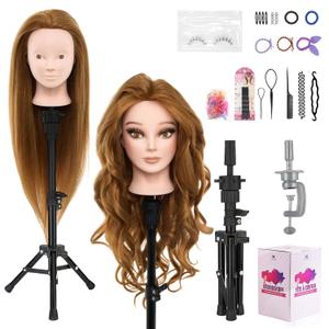 Mannequin Head with 80% Real Human Hair with Tripod Stand - 28" Makeup Cosmetology Manikin Doll Head for Hair Styling, Hairdressing Training Head for Braiding Practice Suitable for Hair Extensions (Brown &Tripod Set)