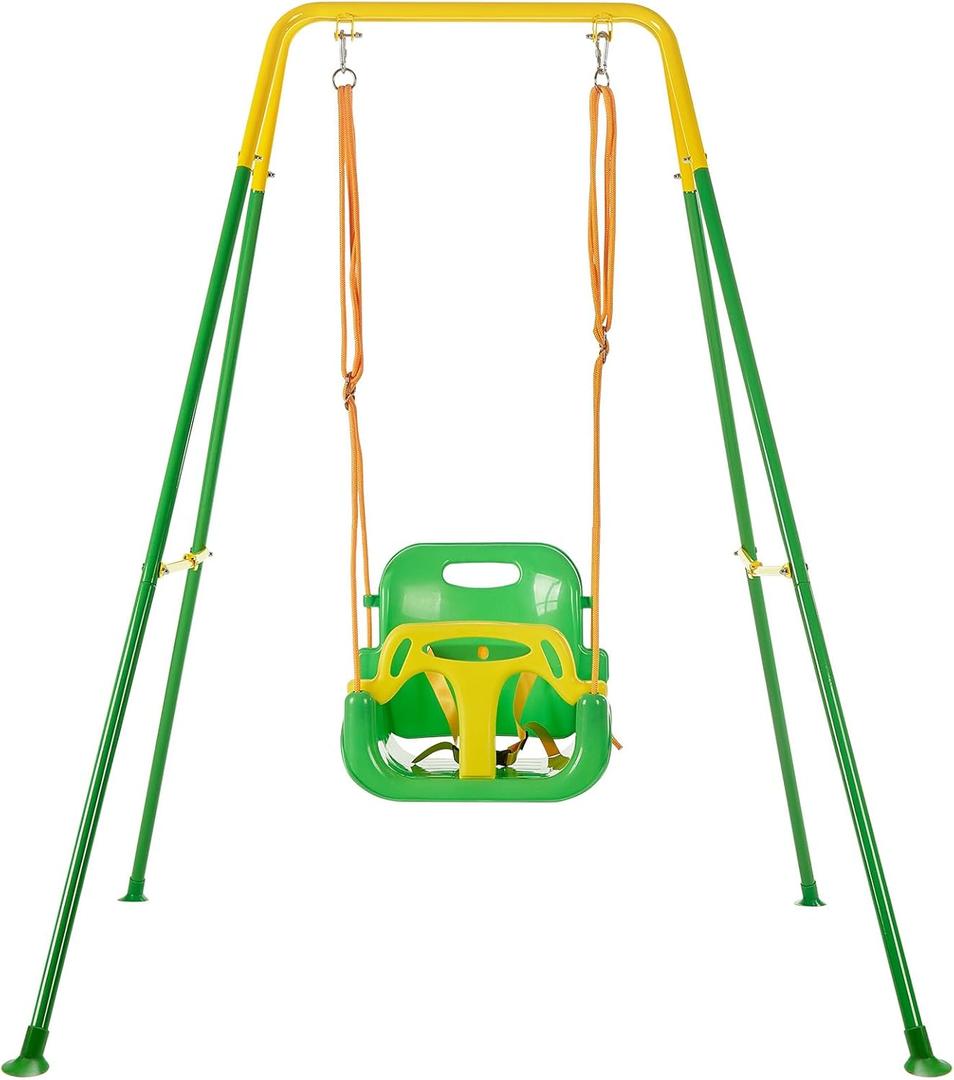 FUNLIO 3-in-1 Toddler Swing Set with 4 Sandbags, Indoor/Outdoor Baby Swing with Foldable Metal Stand, Kids Swing Set for Backyard, Clear Instructions, Easy to Assemble & Store, Light Green