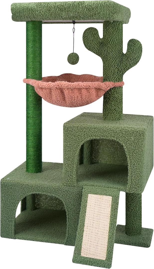 37.4" Cactus Cat Tree Tower with Twin Cat Condos for Indoor Cats, All-in-One Activity Center with Cat Scratching Post Cozy Sleeping Perch Hammock and Toy Balls,Green
