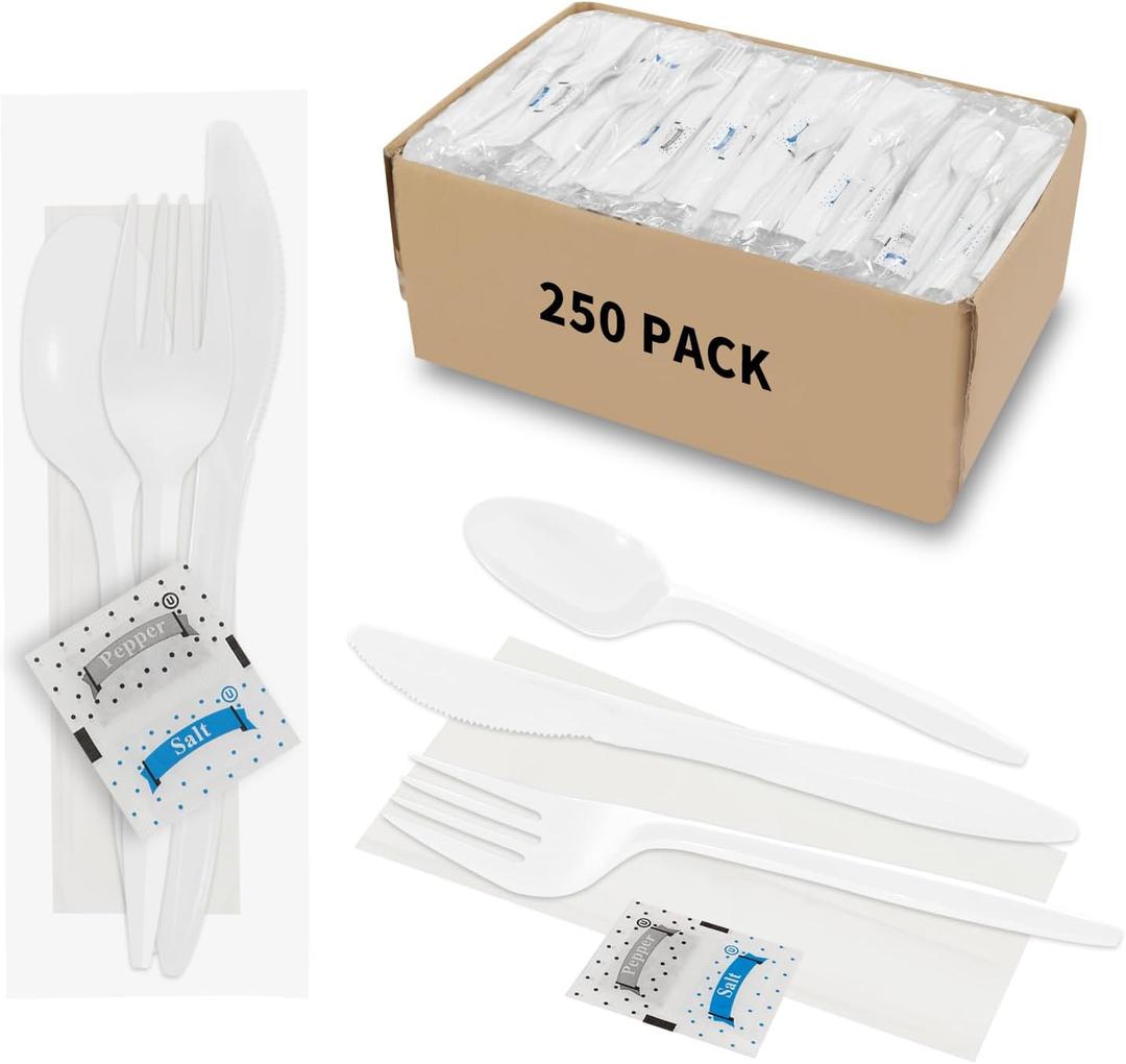 250Pack Plastic Cutlery Packets, Knife Fork Spoon Napkin Salt Pepper Sets, Individually Wrapped White Plastic Cutlery Packets for Delivery, Cafeterias, Restaurants