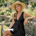 Wenrine Womens Summer Sleeveless Mini Dress Casual Satin Lace V Neck Tiered Ruffle Loose Sexy A Line Babydoll Dresses Black, Large