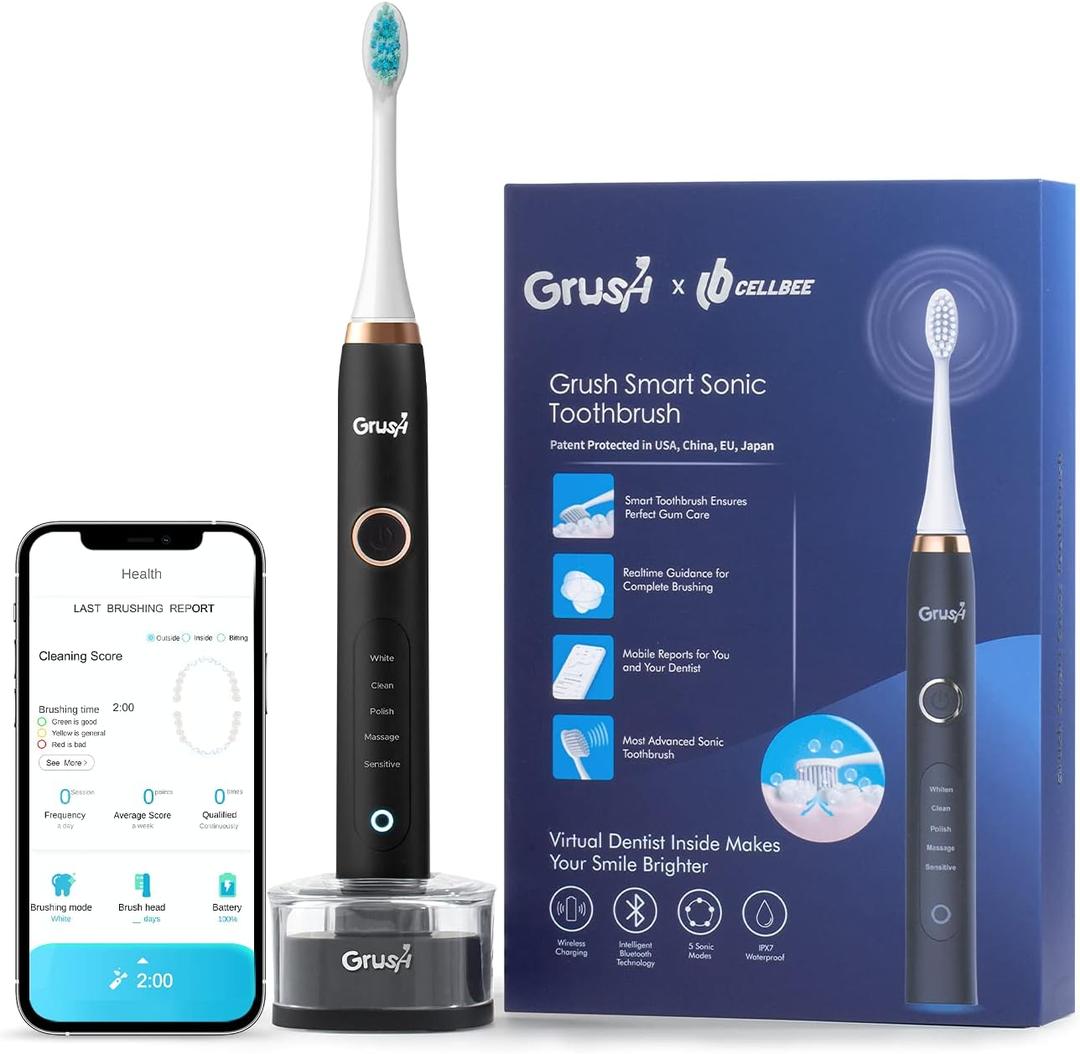Enther CellBee Grush Electric Rechargeable Sonic Toothbrush with APP to Navigate and Record for Adults, Ultimate Cleaning with 5 Modes, Smart Timer, Anti-Slip & Waterproof, Black