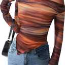 PRETTYGARDEN Womens Fall Trendy Off Shoulder Y2k Tops 2026 Tie Dye Mesh Long Sleeve Shirts Asymmetrical Ruched Floral Blouse (L)