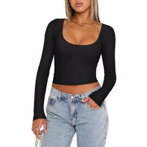 REORIA Women's Long Sleeve Scoop Neck Shirts Slim Double Lined Fashion Layering Fall Basic Crop Tops (Small, Black)