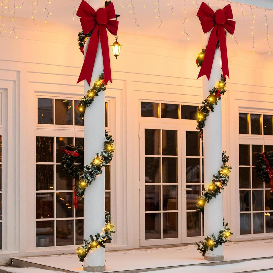Christmas Front Porch Decoration Set Include 2 Pcs 18 x 24in Large Red Velvet Bow, 2 Pieces 16ft Green Garland and 2 Pcs 23ft Solar String Lights for Xmas Outdoor Front Door Column Window