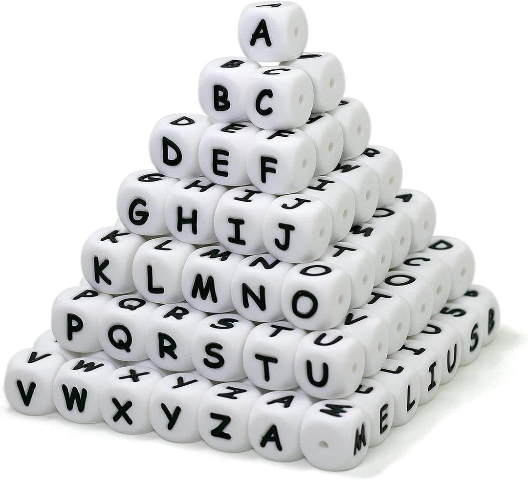 Melius 110Pcs Silicone Letter Beads 12mm A-Z (Extra for Vowel Letter) Even and Accurate Square Letters Beads for Bracelet Stethers Key Chains Necklace Lanyards (White) (White)