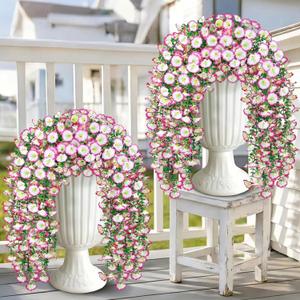 Artificial Hanging Flowers for Outdoors, 4 PCS 600 Blooms UV Resistant Morning Glory Faux Silk Vines, No-Odor Realistic Fake Plants for Garden Planter Porch Patio Decoration, Pink