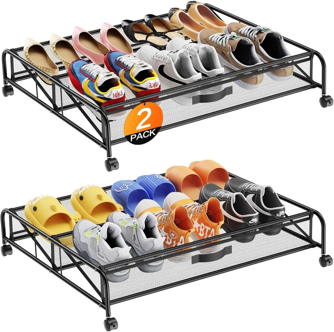 Under Bed Shoe Storage Organizer, 2 Pack Under Bed Storage Containers with Wheels for Under Bed Shoe Organizer Drawer Space Saving for bedroom