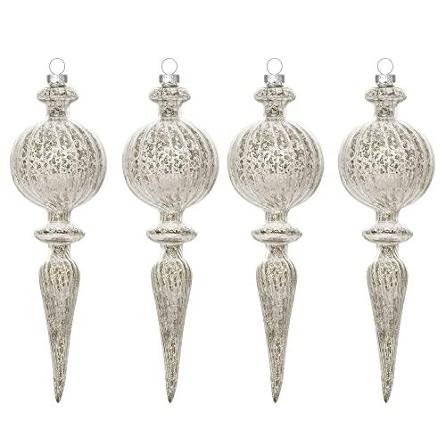 KI Store Finial Mercury Glass Christmas Ornaments Silver Champagne 4pcs 8-Inch Large Hanging Christmas Tree Decorations for Xmas Tree Holiday Décor