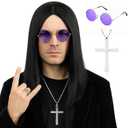 morvally Long Black Straight 80s Heavy Metal Rocker Wig for Men - Center Parting Natural Synthetic Hair Wigs Including Cross Necklace and Glasses for Halloween Costume (Black)